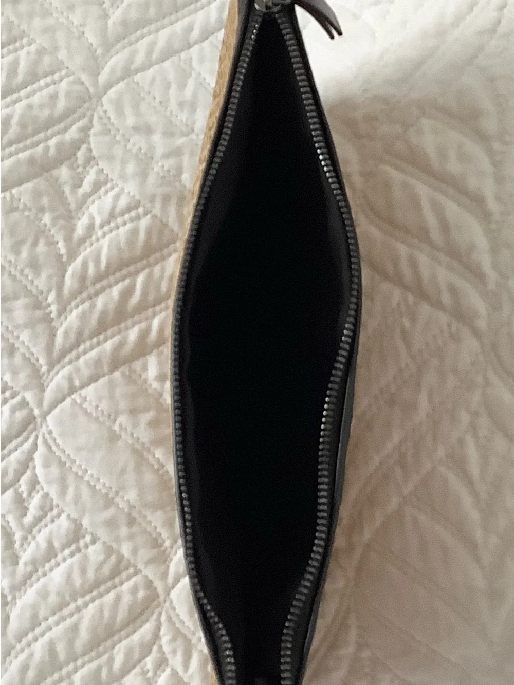 Woven Straw Clutch in Tan with Black Trim